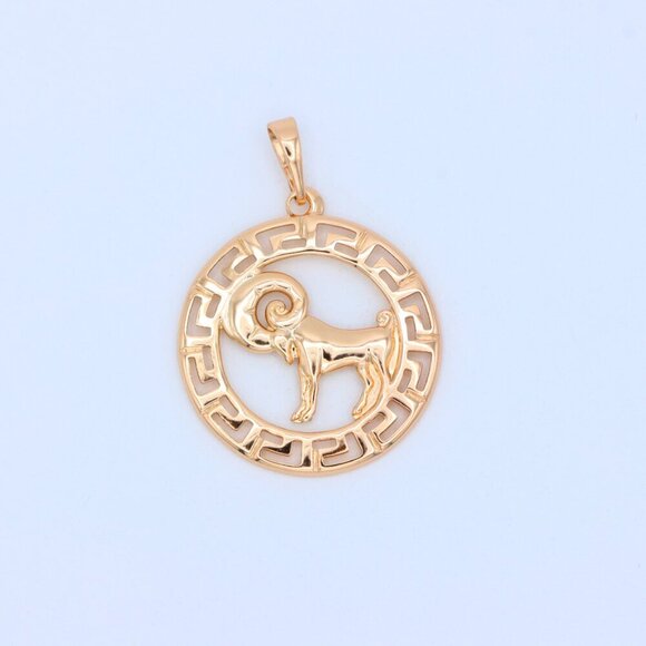 "Zodiac Ram Rose Gold Round Pendant in Geometric Border Design, XPPT1328 - Picture 5 of 13